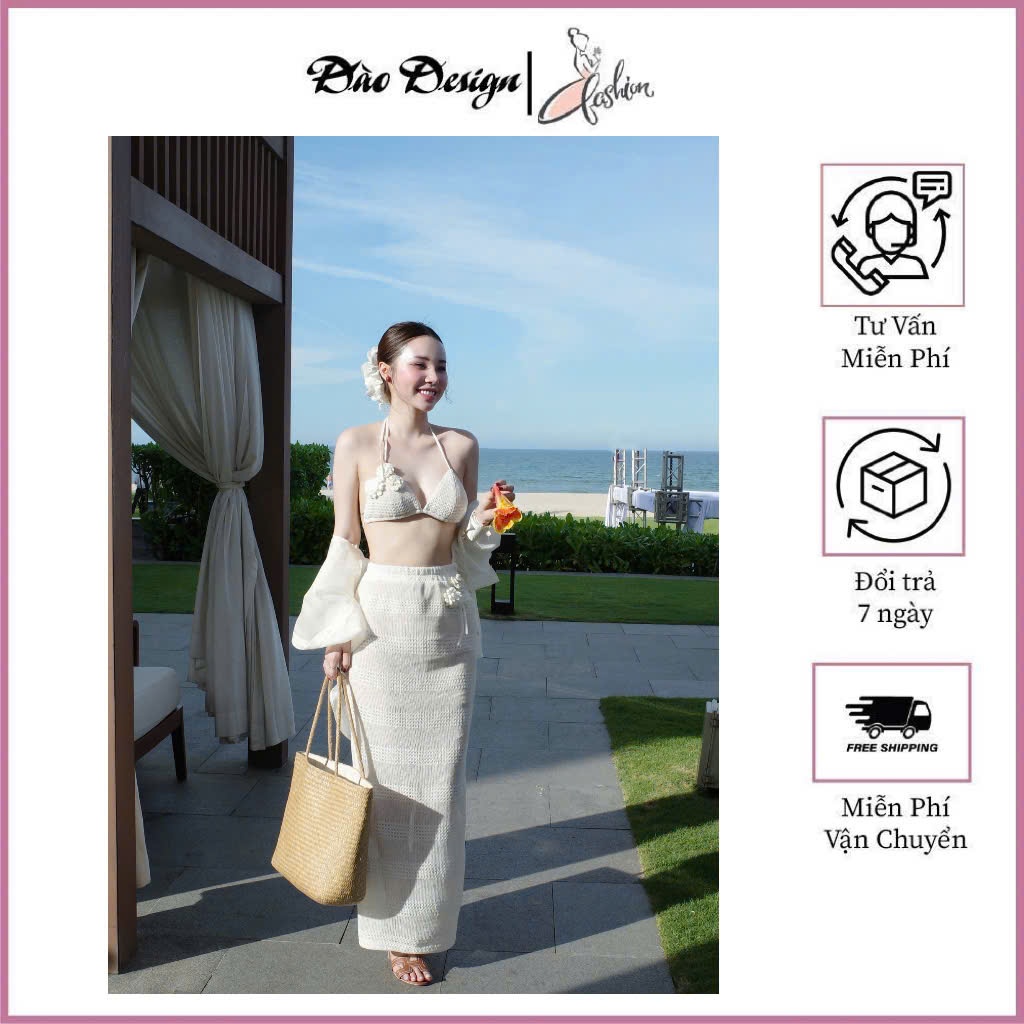 Set bộ đồ ren 3 chi tiết áo bra mix chân váy chữ A dáng dài cạp chun kèm áo cardigan dài tay Đào design