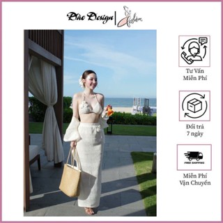 Set bộ đồ ren 3 chi tiết áo bra mix chân váy chữ A dáng dài cạp chun kèm áo cardigan dài tay Đào design
