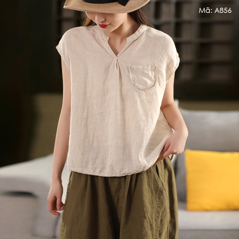 Áo sơ mi linen sát nách KAMAKA cổ trái tim một túi - A806