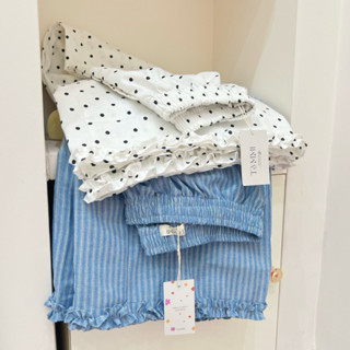  TAMMI | Quần dài ống rộng linen chấm bi kẻ sọc lưng thun viền bèo - RUFFLE PANTS 