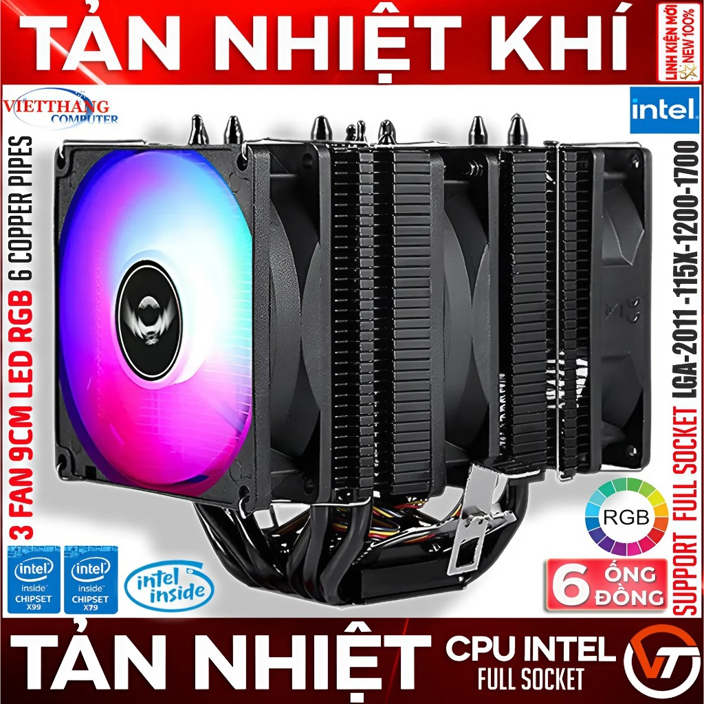 Tản nhiệt khí CPU 6P3F 6 Ống Đồng 3 Fan 9cm Black Led RGB Đế gài Full Socket LGA2011-115X-1200-1700