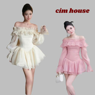 Váy trễ vai nữ đính hạt ngọc tay dài bồng bánh bèo tiểu thư dáng xoè tầng có kèm quần trong -MV168 CIMHOUSE