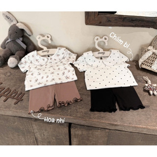[Hàng Chính Chủ] Set Áo Thun Cổ Sen + Quần Legging Đùi Ôm Cho Bé Gái Siêu Xinh - Hoạ Tiết Hoa Nâu & Chấm Bi Đen