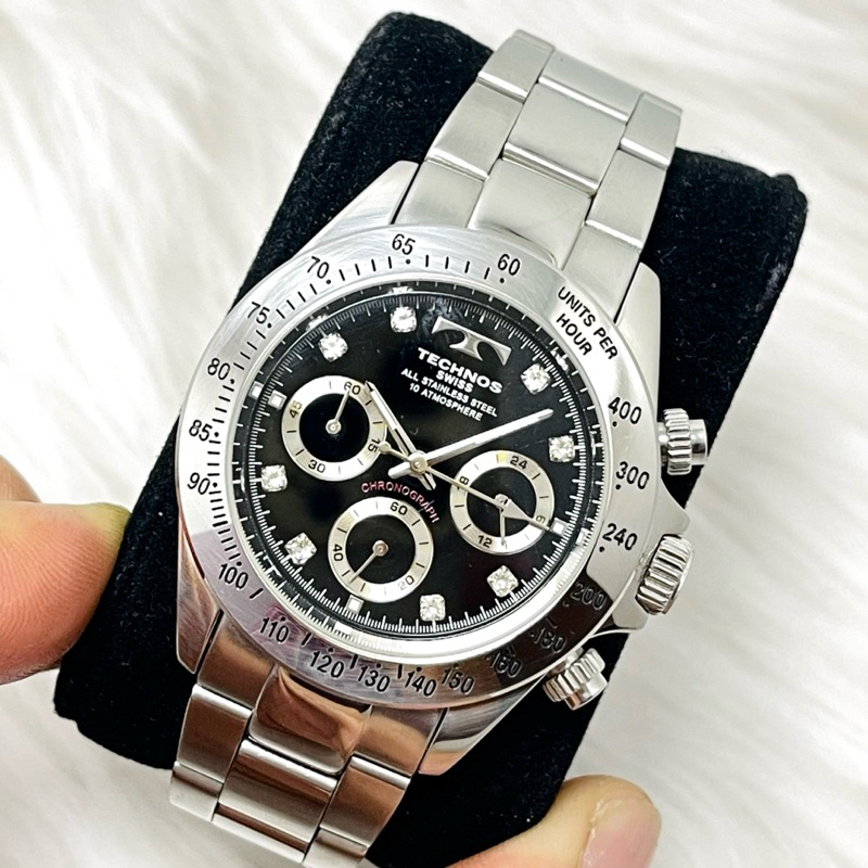 Đồng hồ 6 kim nam TECHNOS SWISS mặt đen, cọc số đính đá 40mm - Chính hãng [2HAND]i