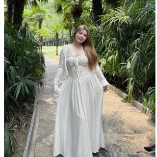 SẴN [Bigsize L – 4XL] Set Đầm Maxi Bigsize Nữ Kèm Áo Khoác Cardigan Tay Dài Phong Cách Trắng Kem Ren Tiểu Thư