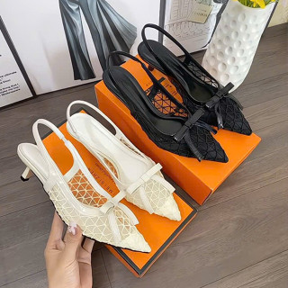 Giày Cao Gót 3p Mũi Nhọn Chất Ren Lưới Phối Nơ Xinh  D77