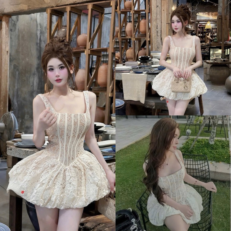 Đầm Ren Thiết Kế Cổ Vuông Croset Dáng Ngắn Bí Phồng Dự Tiệc, Cafe_Kieupham.shop