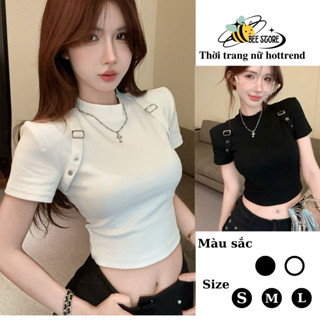 Áo croptop nữ tay ngắn phối đai khoen vai dáng ôm body Bee Store, Áo kiểu nữ dáng croptop kèm đai 2 bên vai cá tính