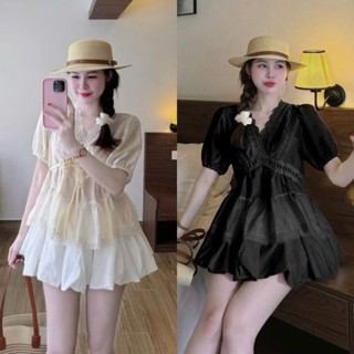 BIGSIZE HIẾU HIẾU (55-95KG) - Set bộ babydoll dễ thương Áo voan tơ viền ren cổ v + Chân váy dáng bí S601