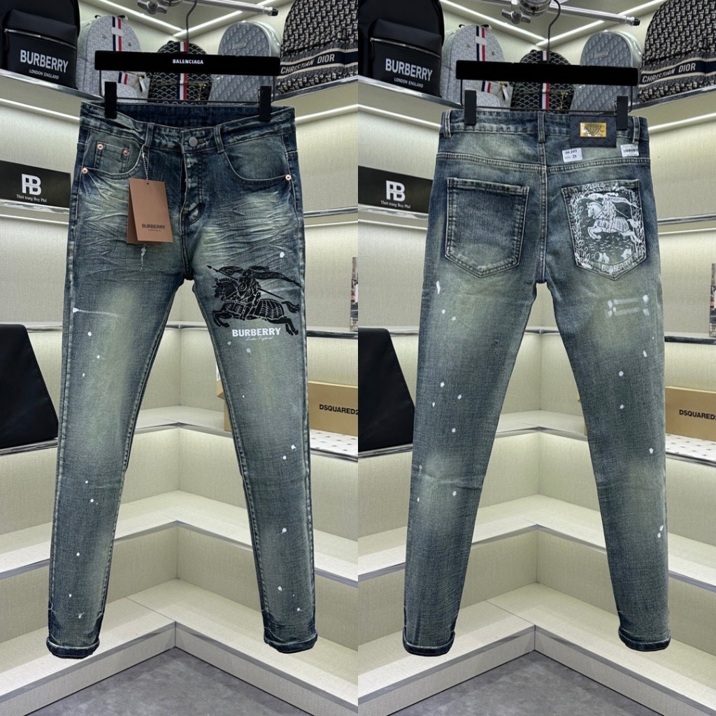 Quần Jean Nam BBR Thêu Thánh Gióng Xanh 4 Cúc Rách Xước Mài Vá Vải Vảy Sơn VIP 🧧