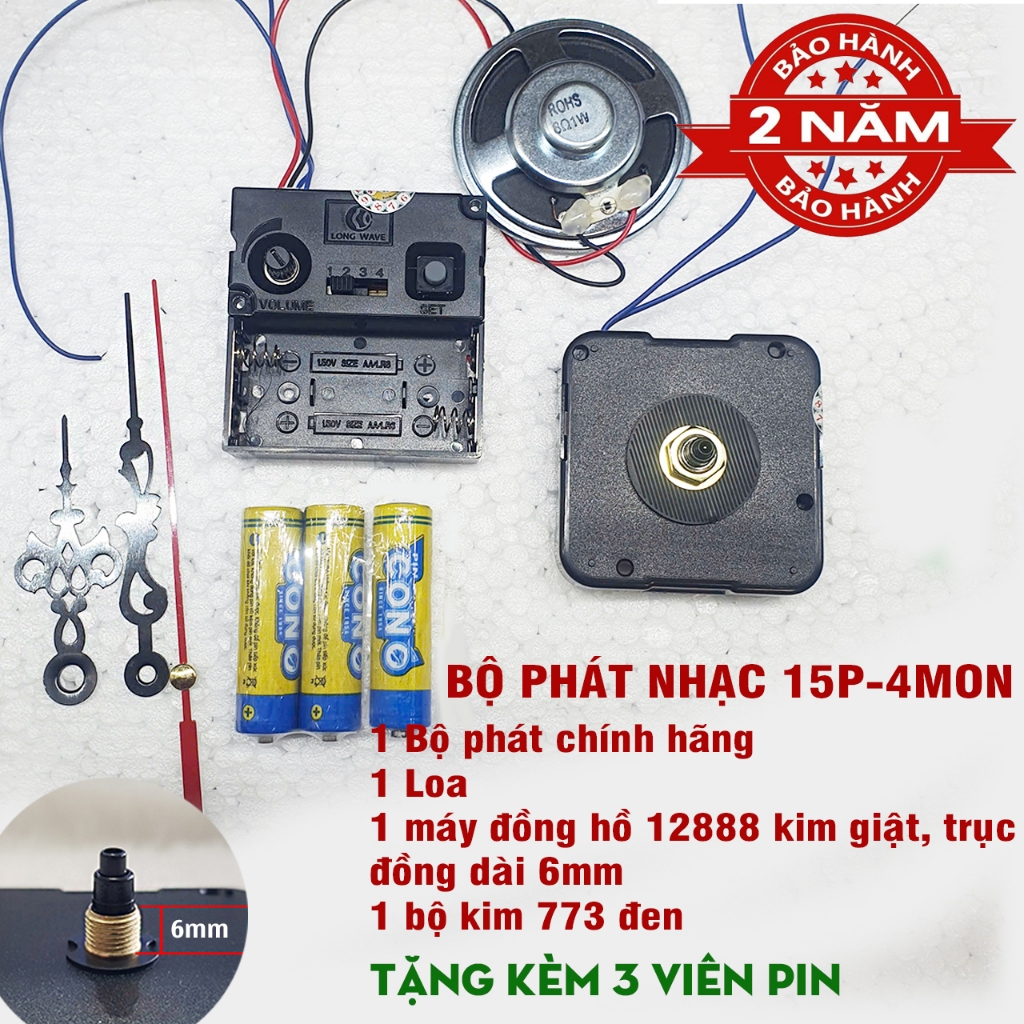 Bộ máy phát nhạc chuông điểm giờ cho đồng hồ treo tường: điểm nhạc 15 phút 1 lần, 3 kiểu nhạc- có ch