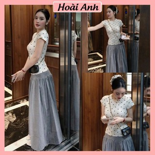 Set Bộ Đồ Nữ Áo Thun Tim Cổ Tròn Ôm Body Kèm Dây Chun Tóc Mix Chân Váy Kẻ Caro Đen Trắng Dáng Dài