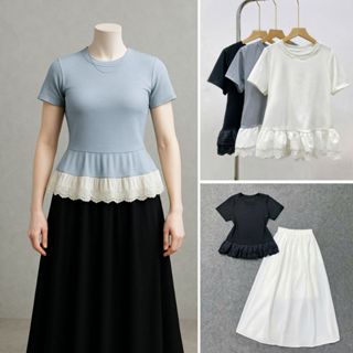 Set bigsize nữ (có lẻ áo/ váy) áo thun babytee ren phối chân váy dài nàng thơ 55-95kg -SET (A281+CV15) thanh lịch