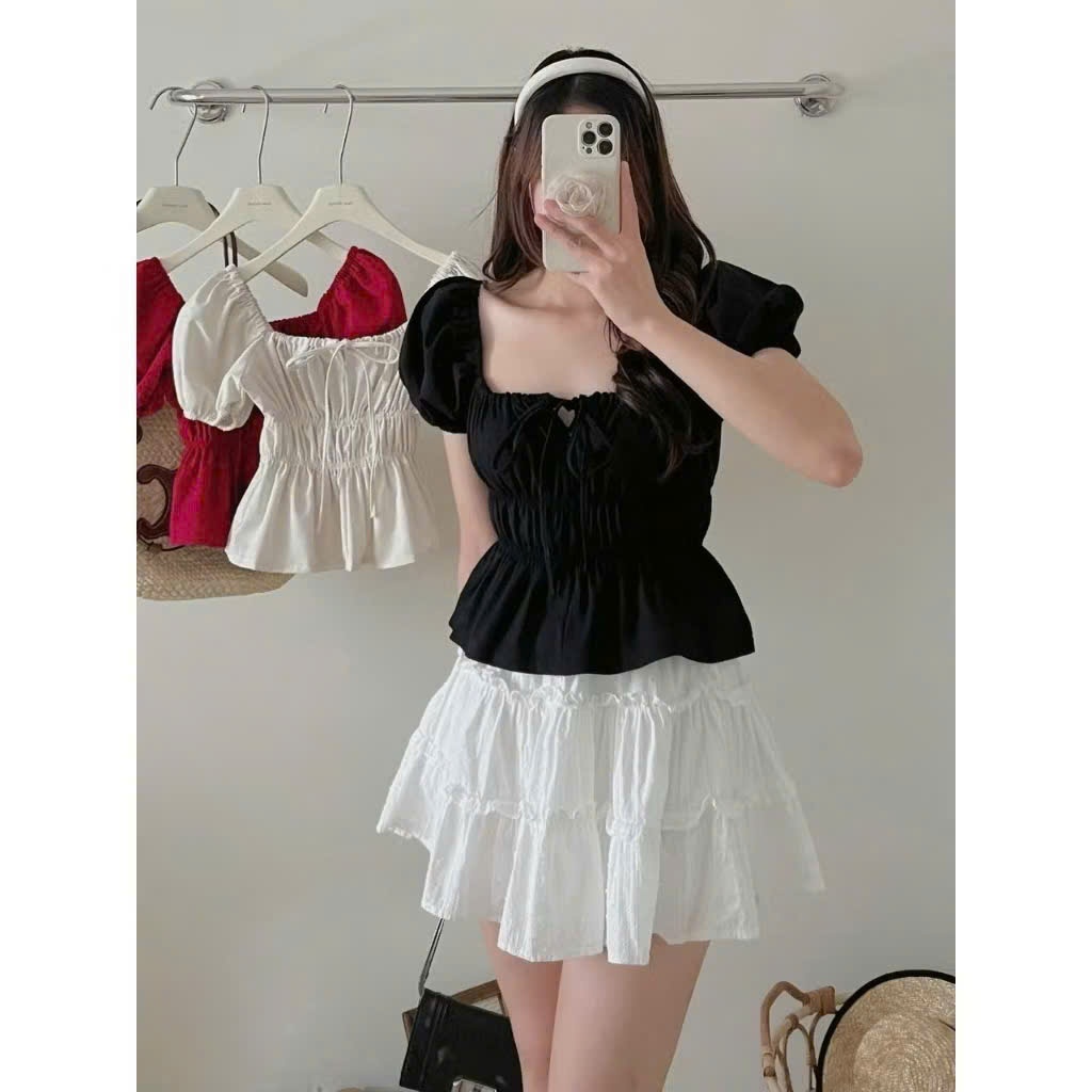 Áo kiểu nữ dáng babydoll tiểu thư cổ vuông thiết kế nơ ngực xinh xắn A205-PANOSI | BigBuy360 - bigbuy360.vn