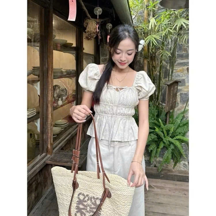 Áo kiểu nữ dáng babydoll tiểu thư cổ vuông thiết kế nơ ngực xinh xắn A205-PANOSI | BigBuy360 - bigbuy360.vn