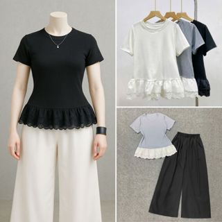 Set bộ bigsize nữ áo kiểu tay ngắn phối ren hoa kèm quần dài suôn rộng eo chun mặc mát SET(A281+Q530) thanh lịch