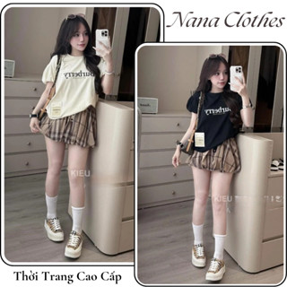 Set đồ nữ cao cấp áo thun tay phồng phối chân váy caro, bộ hè nữ phong cách ulzzang Hàn Quốc trẻ trung HCOM25820