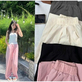 quần ống rộng vải đũi vân mây cạp chun lưng cao suông quần đúng dáng