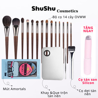[COMBO] Bộ Dụng Cụ Makeup Cơ Bản Cao Cấp Đầy Đủ Bộ Cọ 14 Cây, Mút Amortals, Khay Tán Nền Và Cọ Dẹt SHUSHU COSMETCS