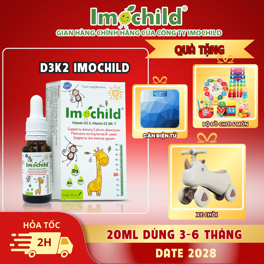  Vitamin D3 K2 IMOCHILD Hỗ Trợ Hấp Thụ Canxi Tăng Chiều Cao Cho Bé Cải Thiện Trí Não D3 IMOCHILD 20ML 