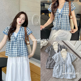 Áo Babydoll Cổ V Viền Bèo Tay Ngắn Thắt Nơ Tay Phồng Kẻ Caro Phối Áo 2 Dây Liền A3267