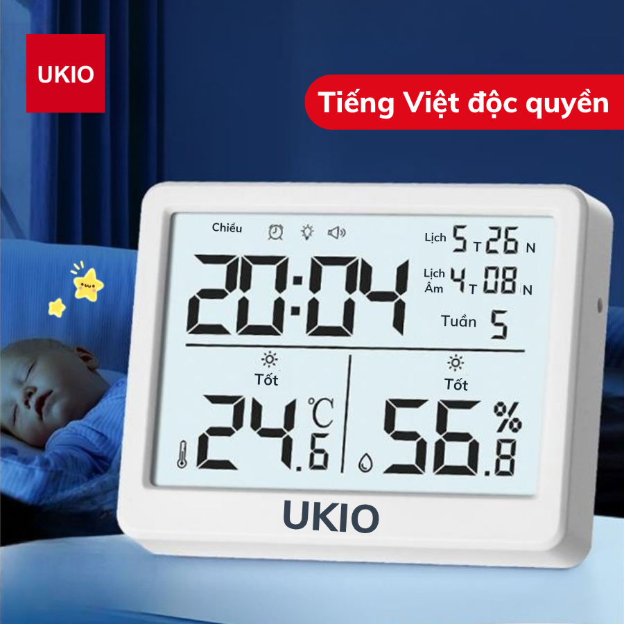 Nhiệt kế phòng đo nhiệt độ, độ ẩm UKIO màn hình LED cao cấp, cảnh báo nhiệt độ và đèn nền cảm biến
