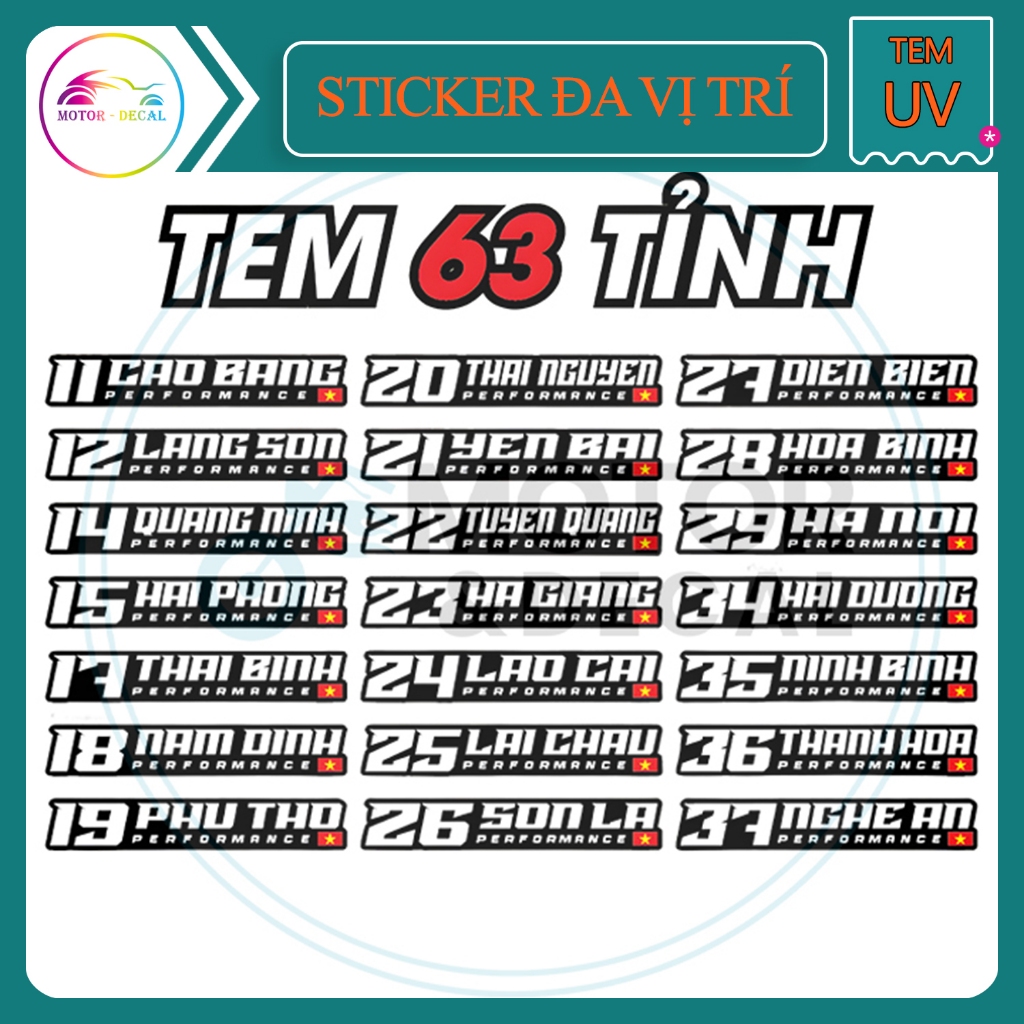 ( GIÁ 2 TEM ) Tem Tỉnh Thành Việt Nam, Tem Dán Xe Performance 63 Tỉnh Thành  - Tem in Uv mực nổi