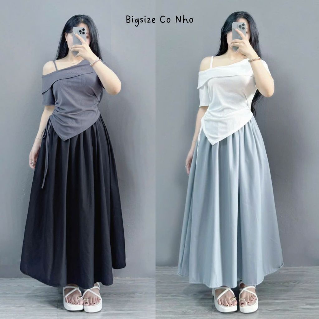 Set bộ Bigsize nữ áo thun kiểu trễ vai nhún eo phối chân váy A dáng dài vintage mặc thoáng mát - SET ( G213+CV15)
