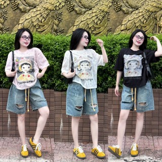 set đồ đi chơi,set quần áo nữ set áo in cô gái kèm quần bò ngố cá tính G374