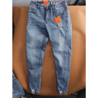quần jean nam dài xanh rách gối nhẹ xu hướng, chất jean dày co giãn thoải mái form slimfit tôn dáng