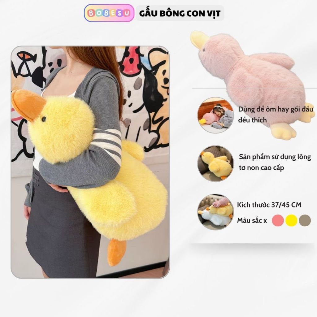 Gấu bông vịt tơ dáng nằm lông tơ non cao cấp, Vịt bông dùng ôm hay ôm ngủ lông tơ mịn mềm mại