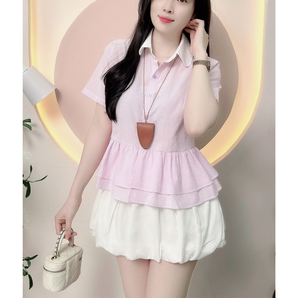 Áo sơ mi kẻ sọc cọc tay nữ dáng babydoll xinh xắn trẻ trung  LAMO- B1415 | BigBuy360 - bigbuy360.vn