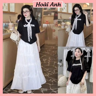 Set Bộ Đồ Nữ Áo Phông Đen Thêu Chữ Trắng Sienne Kèm Dây Nơ Ren Mix Chân Váy Thô Hoa Ren Trắng Dáng Dài