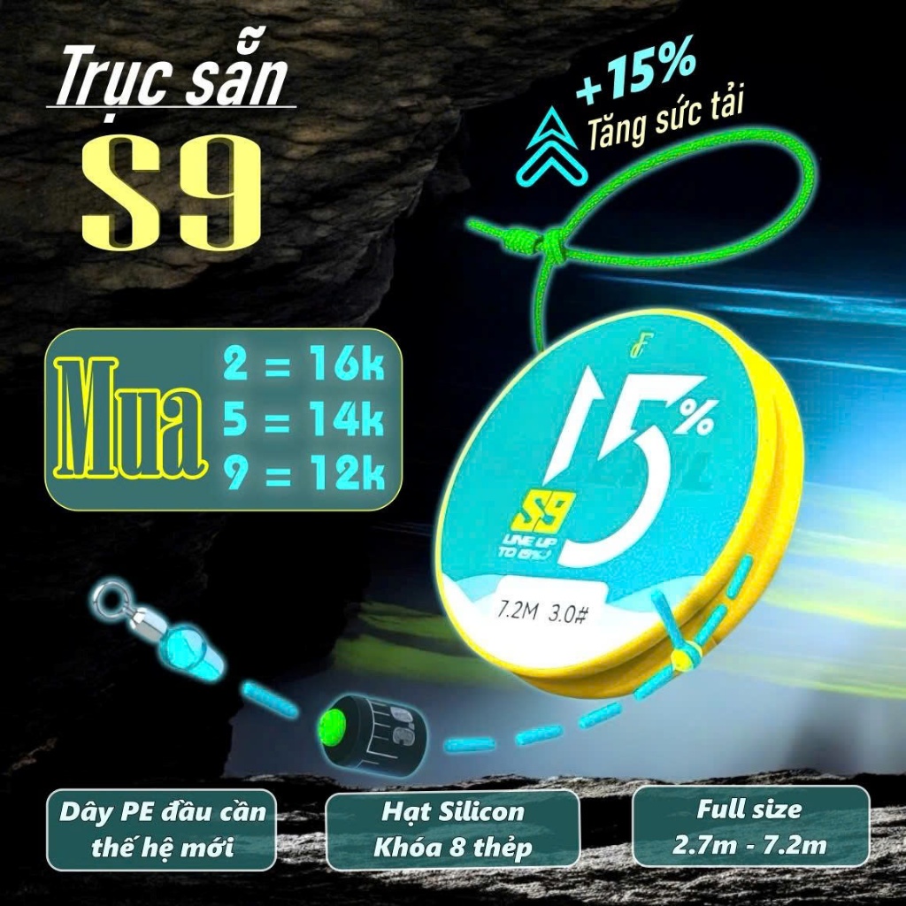 Dây Trục Câu Đài, Trục Câu Đài Buộc Sẵn S9 Fan Fishing. Phụ kiện silicon, dây pe đầu cần thế hệ mới,