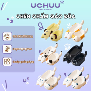 Chén Chấm Gác Đũa Gốm Sứ UCHUU Hình Mèo Cún Kiểu Nhật Bản, Khay Đựng Nước Chấm, Giá Đỡ Đũa Trang Trí