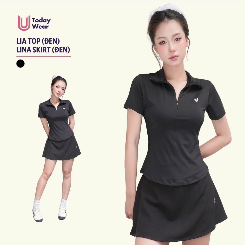 Set bộ đồ thể thao nữ pickcleball tennis áo Lia Top đen chân váy Lina Skirt đen Today U Wear thoáng mát có quần bảo hộ