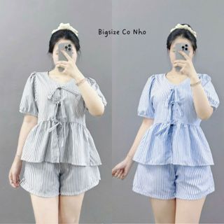 Set tiểu thư Bigsize nữ áo kiểu babydoll tay bồng kèm quần sọc đùi dễ thương tôn dáng - SET857