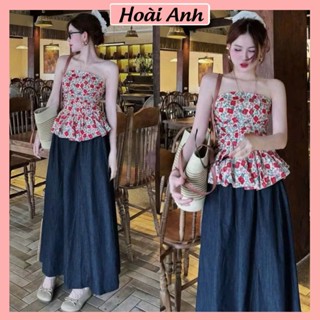 Set Bộ Đồ Nữ Áo Quây Peplum Hoa Hồng Dại Lưng Chun Phồng Gấu Mix Chân Váy Bò Thô Dáng Dài Freesize