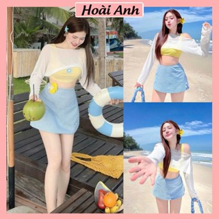 Set Bộ Đồ Nữ 3 Món Đi Biển Áo Lưới Lệch Vai Kèm Áo Ba Lỗ Vàng Mix Chân Váy Kẻ Sọc Xanh Dương Đính Hoa Nổi