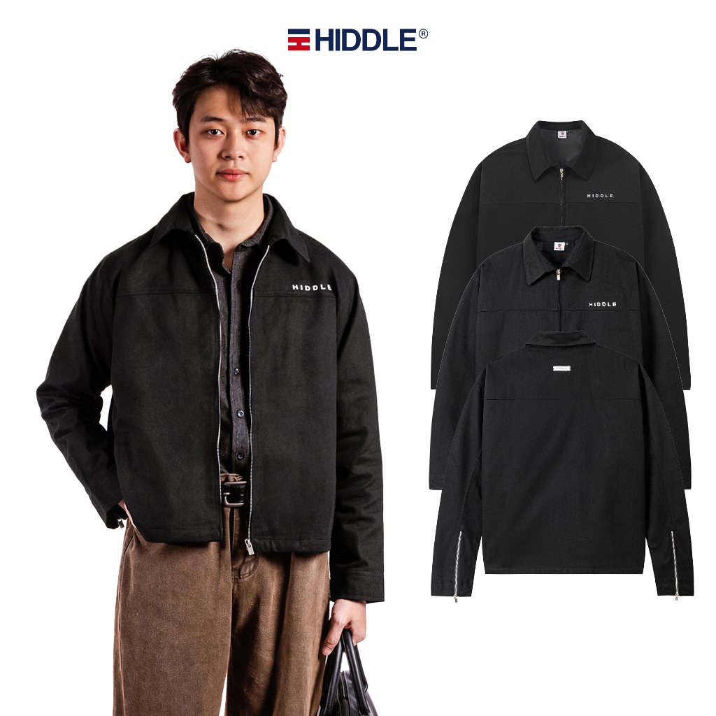 Áo khoác nam dáng ngắn boxy HIDDLE vải kaki và da lộn cao cấp màu đen 2 lớp phối khóa kéo sang trọng | H8-AK8 