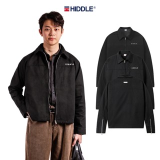  Áo khoác nam dáng ngắn boxy HIDDLE vải kaki và da lộn cao cấp màu đen 2 lớp phối khóa kéo sang trọng | H8-AK8 