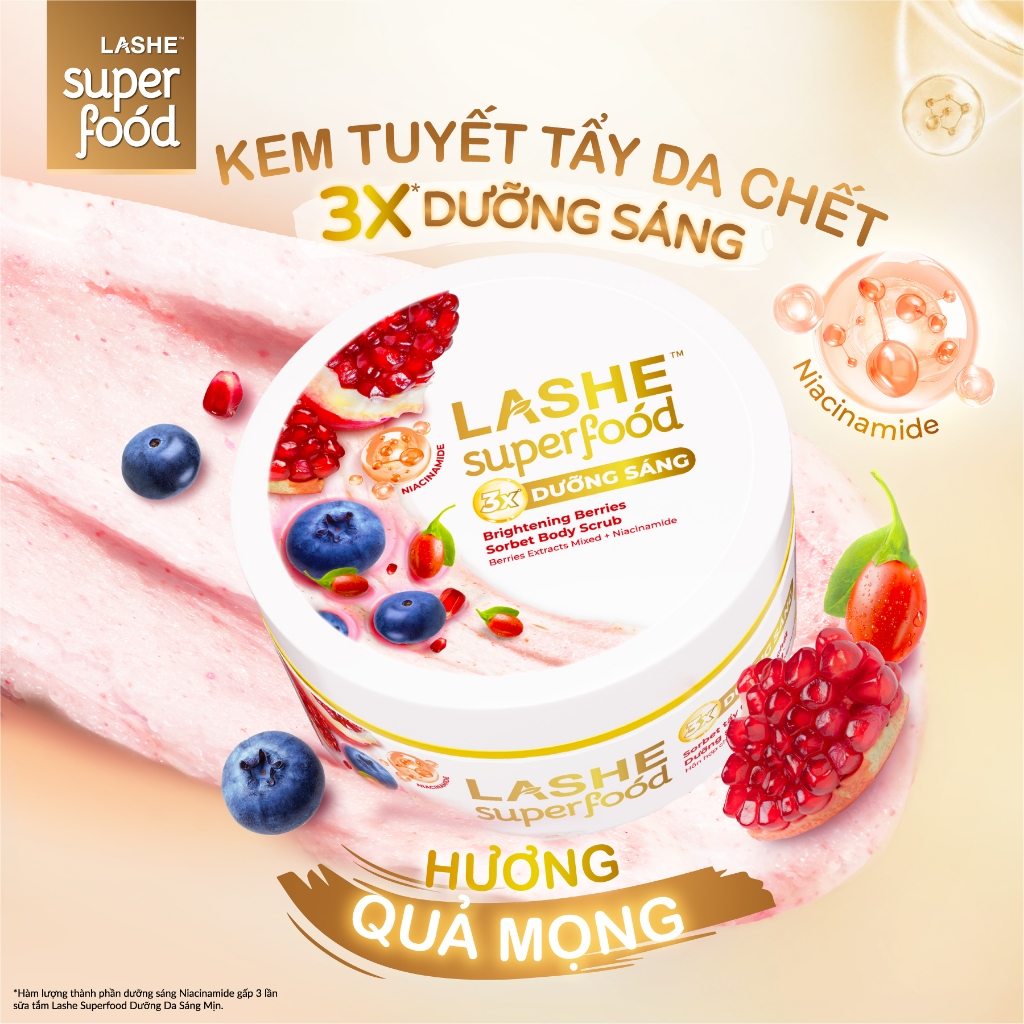 Kem Tuyết Tẩy Tế Bào Chết LASHE SUPERFOOD Dưỡng Sáng Da Hương Quả Mọng 240G / Hương Bánh Nướng 220G | BigBuy360 - bigbuy360.vn