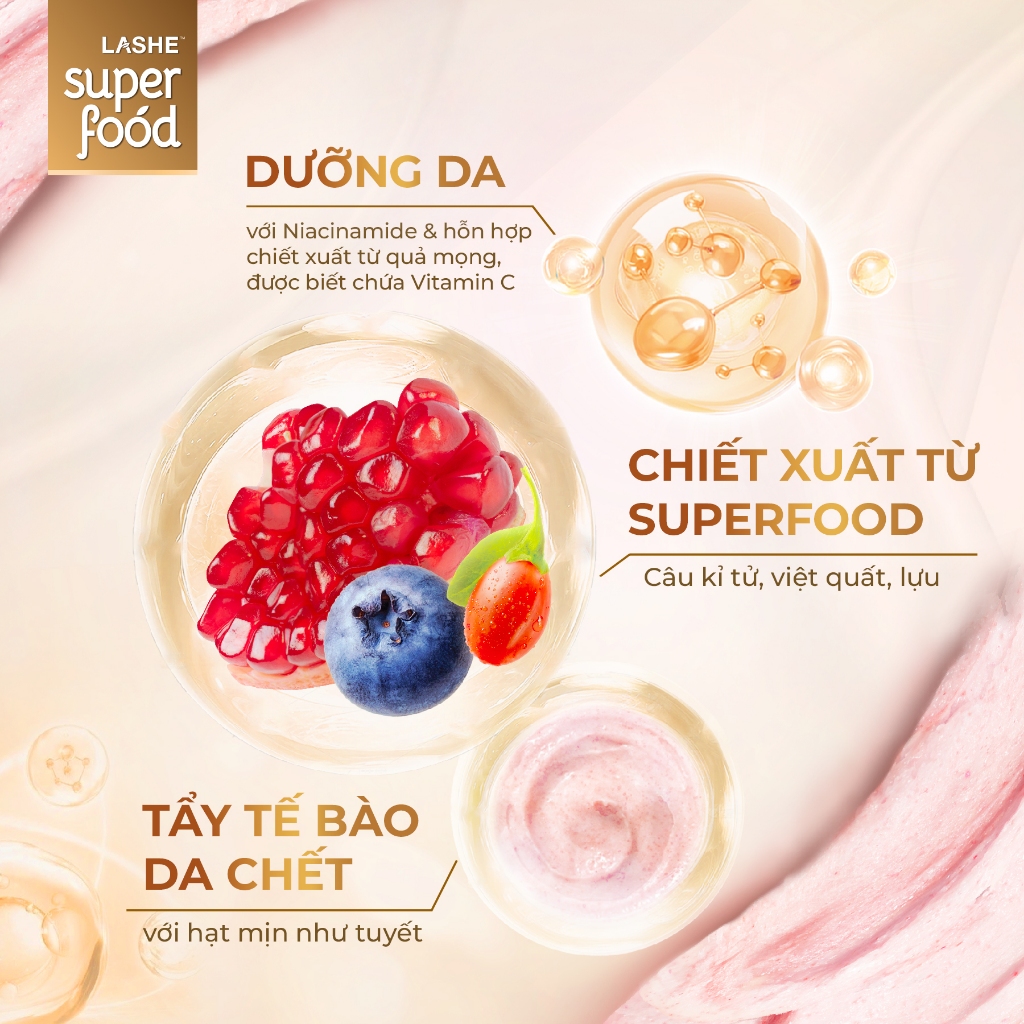 Kem Tuyết Tẩy Tế Bào Chết LASHE SUPERFOOD Dưỡng Sáng Da Hương Quả Mọng 240G / Hương Bánh Nướng 220G | BigBuy360 - bigbuy360.vn