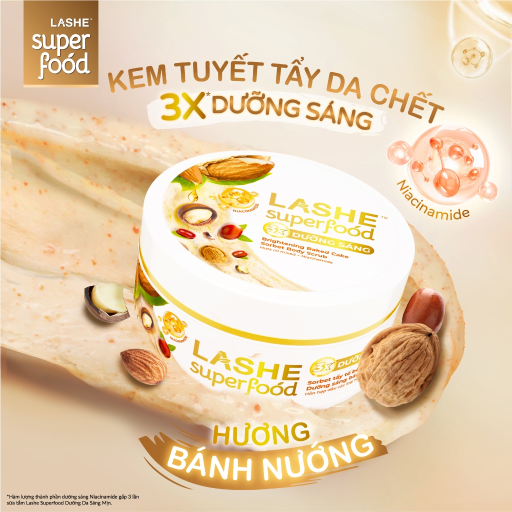 Kem Tuyết Tẩy Tế Bào Chết LASHE SUPERFOOD Dưỡng Sáng Da Hương Quả Mọng 240G / Hương Bánh Nướng 220G | BigBuy360 - bigbuy360.vn