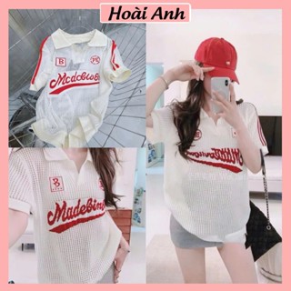 Áo Polo Len Dệt Tổ Ong Thêu Chữ Đỏ MDC Áo Len Lỗ Nữ Cổ V Phối Màu Đỏ Kem Form Rộng Thụng