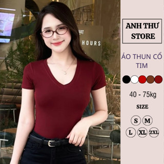 Áo Thun Nữ Cộc Tay Cổ Tim Chất Cotton Mềm Mại BigSize , Áo Phông Nữ Trơn Cổ V Bassic Đẹp  406