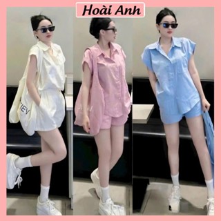 Set Bộ Đồ Nữ 3 Món Tơ Đũi Nhăn Mềm Áo Sơ Mi Ngắn Tay Túi Ngực Kèm Túi Đeo Vai Mix Quần Sooc Đùi Ống Rộng Freesize