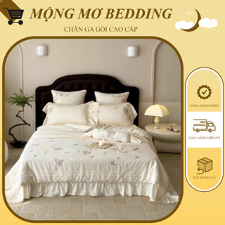 Bộ chăn ga gối Tencel thêu 60sm, Tone màu: Kem sữa & Hồng phấn – như lời thủ thỉ của những giấc mơ ngọt ngào