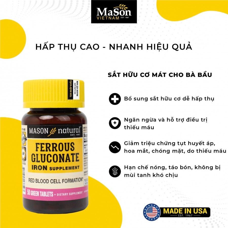 Mason Natural Ferrous Gluconate Mason Viên uống bổ sung sắt hữu cơ lọ 100v
