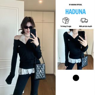  Set Áo Dệt Kim Cổ V Tay Dài Kèm Áo Yếm Trắng Ren Cột Cổ Thời Trang Nữ Mùa Thu Đông 2024 HADUNA 